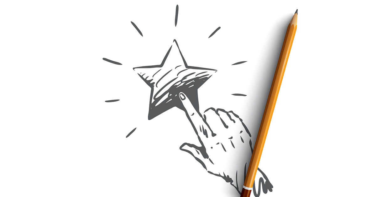 Hand drawn finger pushing on star &mdash; feedback and quality concept sketch