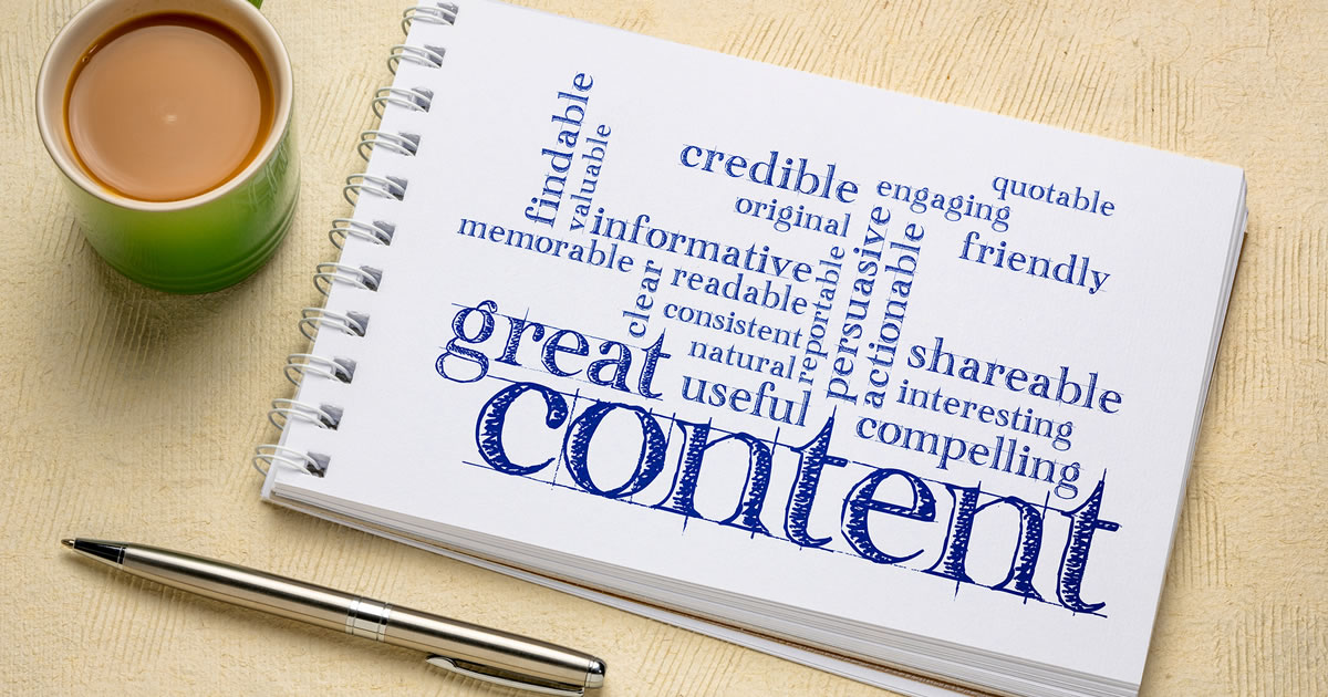 Great content writing word cloud in an art sketchbook with a cup of coffee &mdash; business writing and content marketing concept