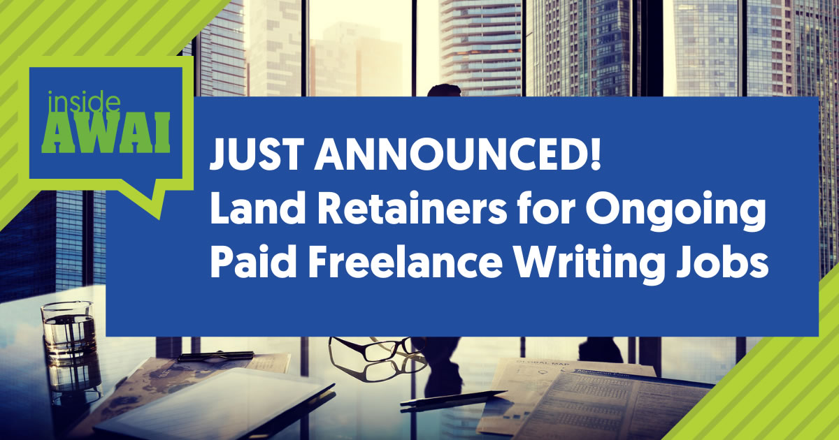 Office conference room table with pens, paper, eyeglasses, and water glass near colleagues shaking hands in front of large windows and text overlay of the words Just Announced Land Retainers for Ongoing Paid Freelance Writing Jobs