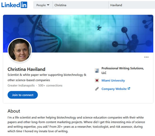 Screen shot of Christina Haviland&rsquo;s LinkedIn profile