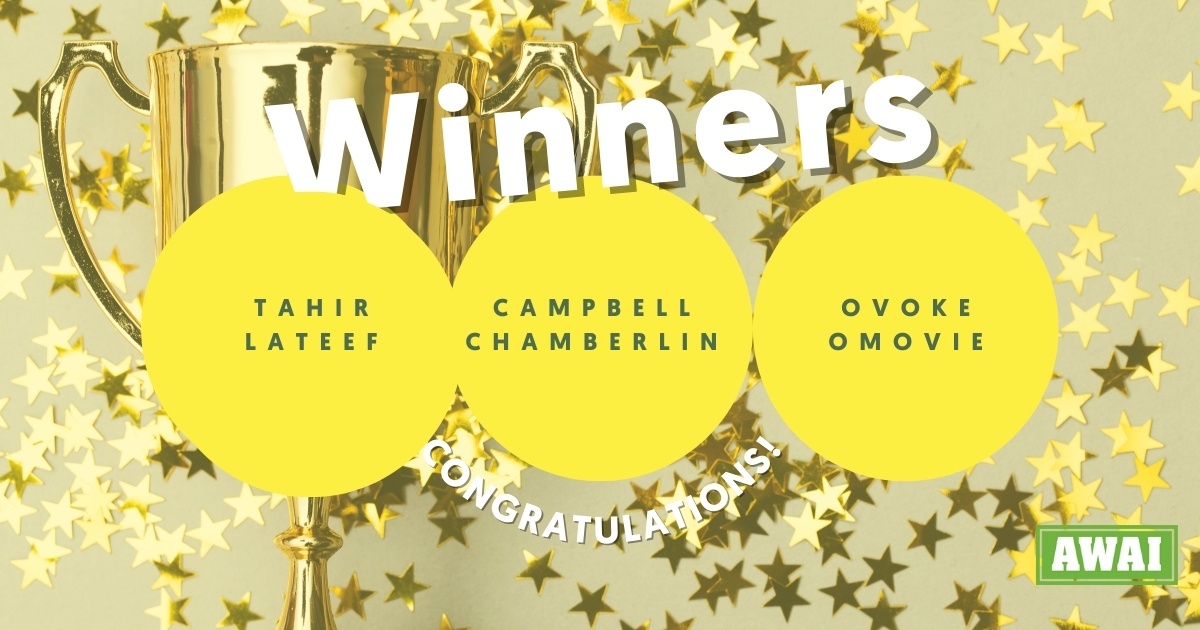 Graphic with a gold trophy and scattered gold stars celebrating winners names listed in large yellow circles: Tahir Lateef, Campbell Chamberlin, and Ovoke Omovie. Text reads 'Winners' and 'Congratulations!'