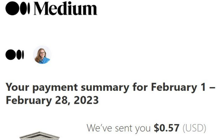 A screenshot of a Medium Partner Program payout message