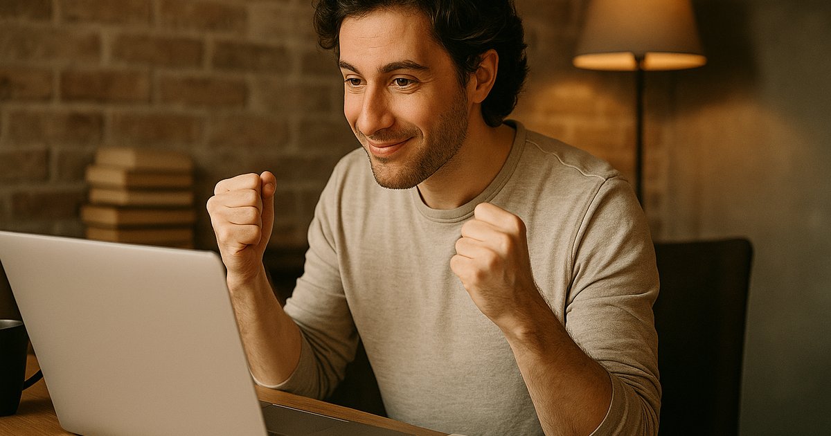 Aspiring writer smiling as he types on a laptop in a cozy, warmly lit workspace with a brick wall, books, and coffee mug in the background
