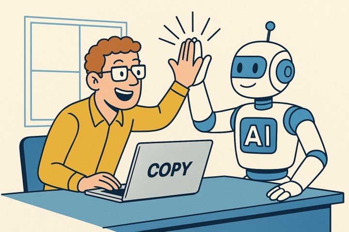 Graphic of a man at a laptop high fiving a robot.