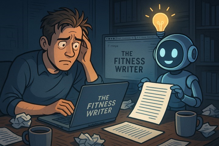 Stressed writer at laptop labeled &lsquo;The Fitness Writer&rsquo; while a cheerful robot with a glowing light bulb helps by holding up a completed page.