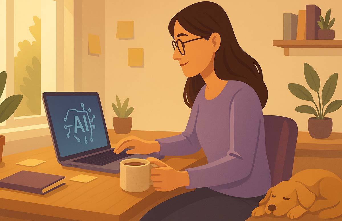 Illustration of a woman working on a laptop in a cozy, sunlit home office, holding a coffee mug, with potted plants on the desk and a dog sleeping at her feet.