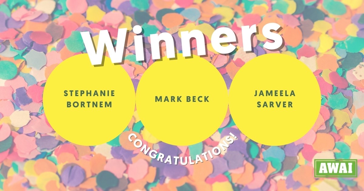 Banner announcing Stephanie Bortnem, Mark Beck, and Jameela Sarver as the winners of the February new writers contest