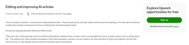 Job posting on Upwork for editing and improving AI articles