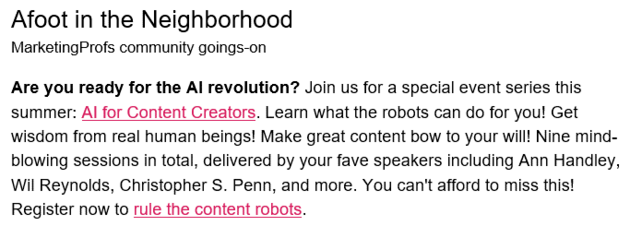 Section in MarketingProfs&rsquo; e-newsletter that shares current marketing events