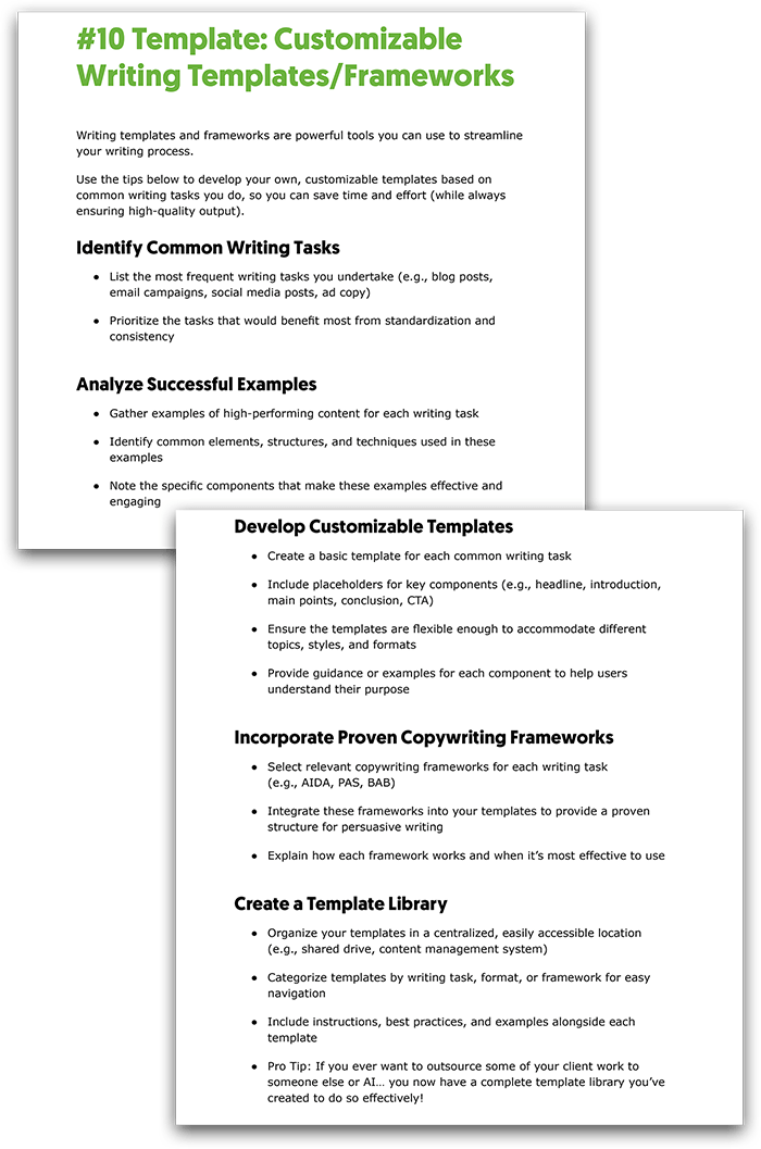 Slide-style document titled &ldquo;#10 Template: Customizable Writing Templates/Frameworks,&rdquo; outlining steps to streamline a writing process, including identifying common writing tasks, analyzing successful examples, developing flexible templates, incorporating copywriting frameworks like AIDA and PAS, and creating an organized template library with best practices and examples.