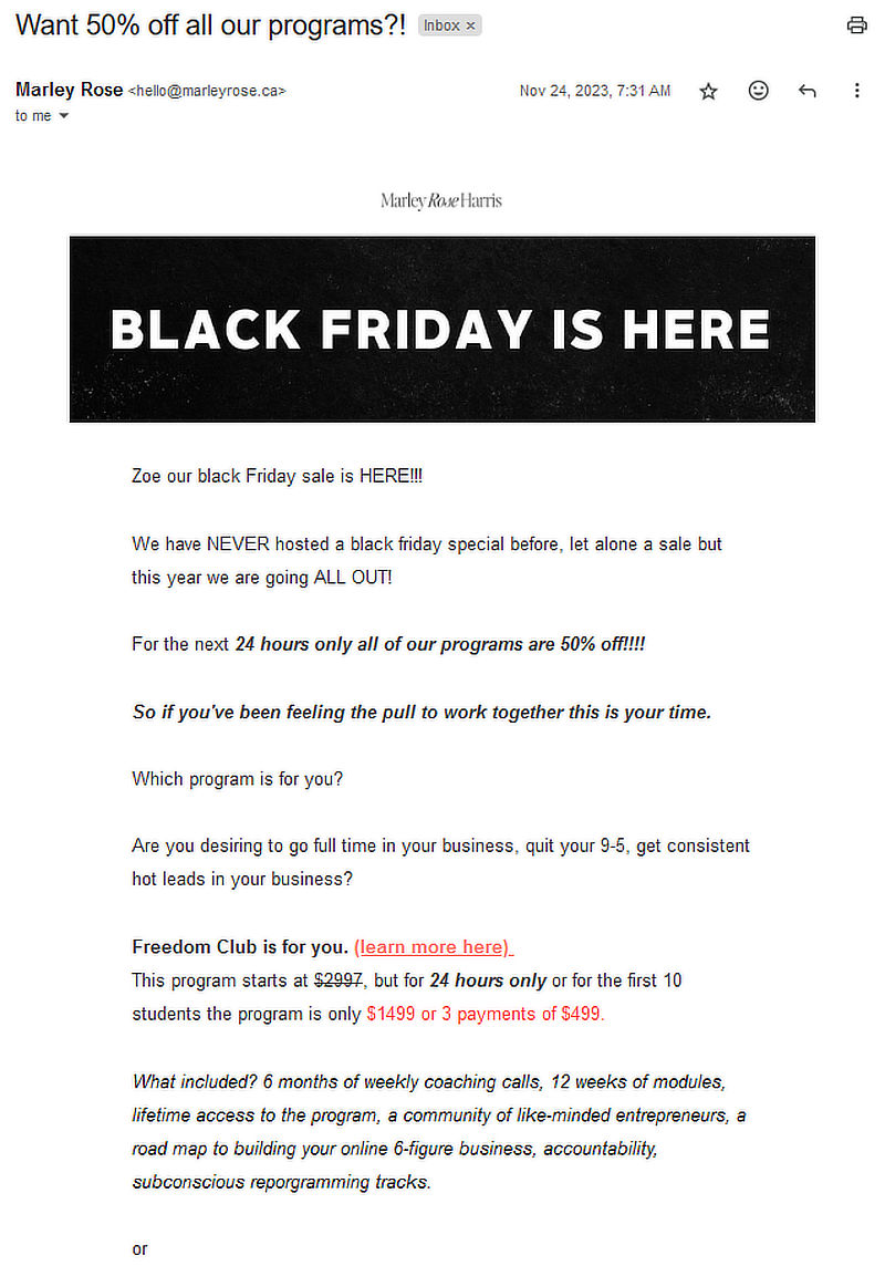 Email example from Marley Rose Harris&rsquo;s direct sales email 