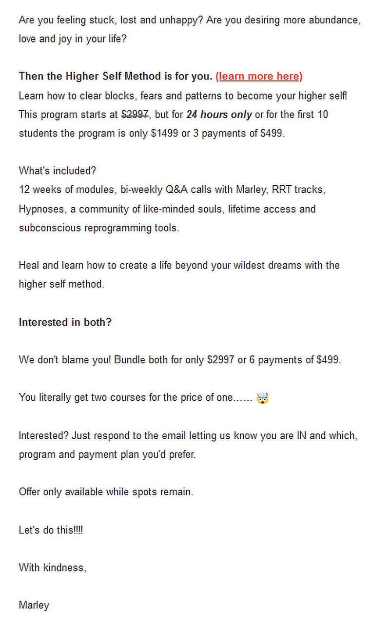 Email example from Marley Rose Harris&rsquo;s direct sales email continued 