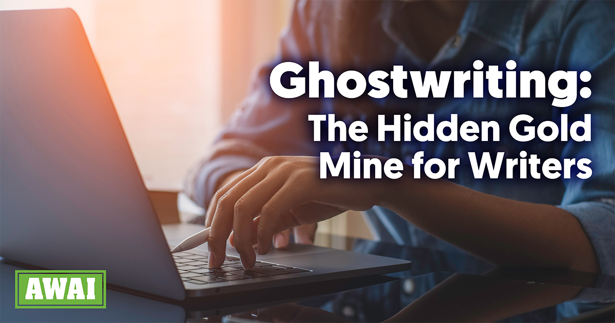 A woman who is casually dressed, working on a laptop, with one hand on the keyboard and warm sunlight streaming in from the left side of the frame. Overlaid are the words 'Ghostwriting: The Hidden Gold Mine for Writers'.