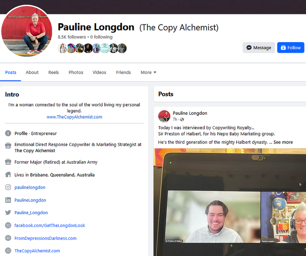 Screenshot of copywriter Pauline Longdon&rsquo;s Facebook profile