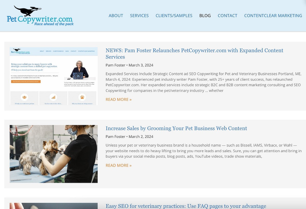 Screenshot of Pet Copywriter&rsquo;s blog page