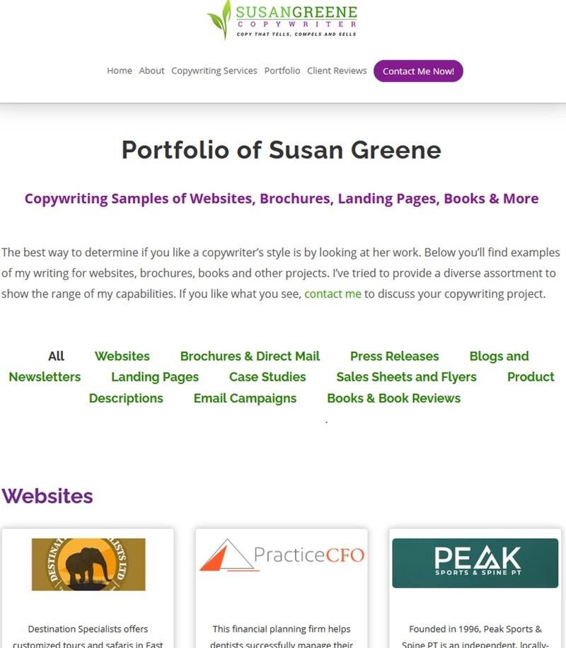 Screen shot of Susan Greene&rsquo;s freelance website