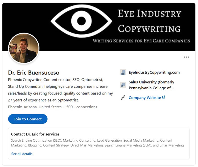 Screen shot of Dr. Eric Buensuceso&rsquo;s LinkedIn profile