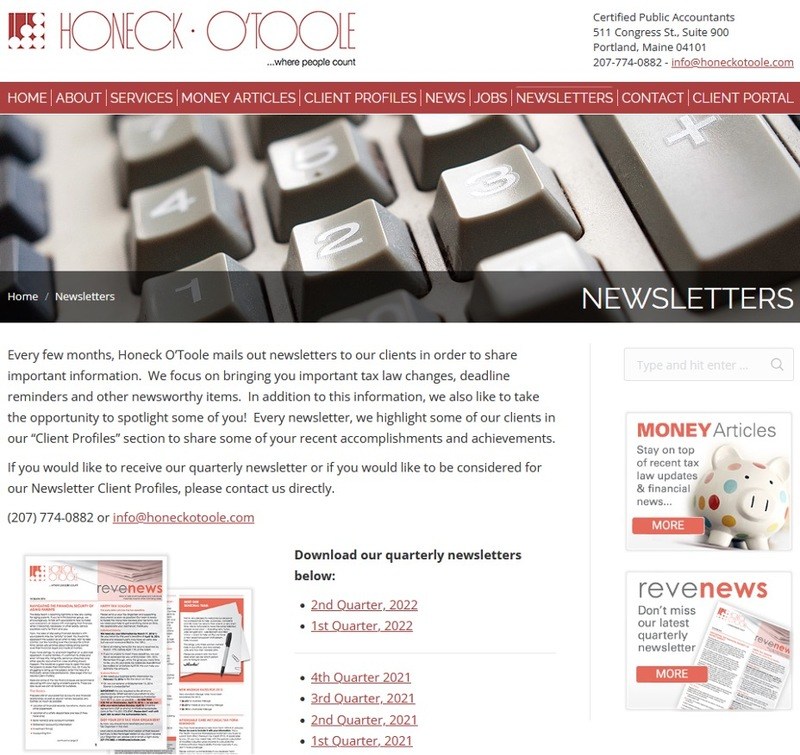 Screen shot of Honeck O&rsquo;Toole accounting firm&rsquo;s newsletter web page