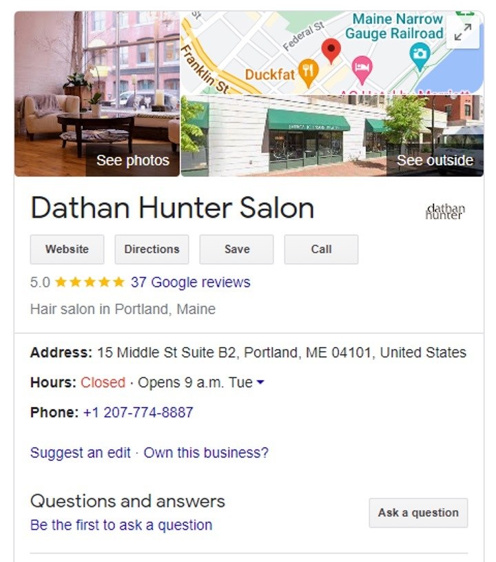 Screen shot of Google&rsquo;s search results for Dathan Hunter Salon