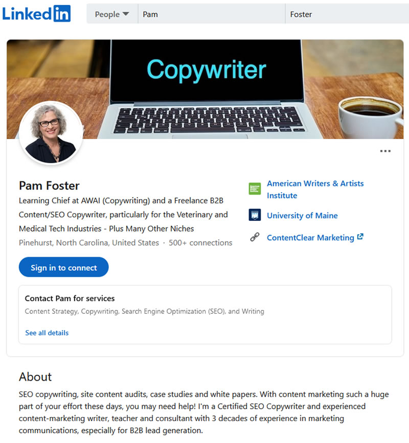 Screen shot of Pam Foster&rsquo;s LinkedIn profile