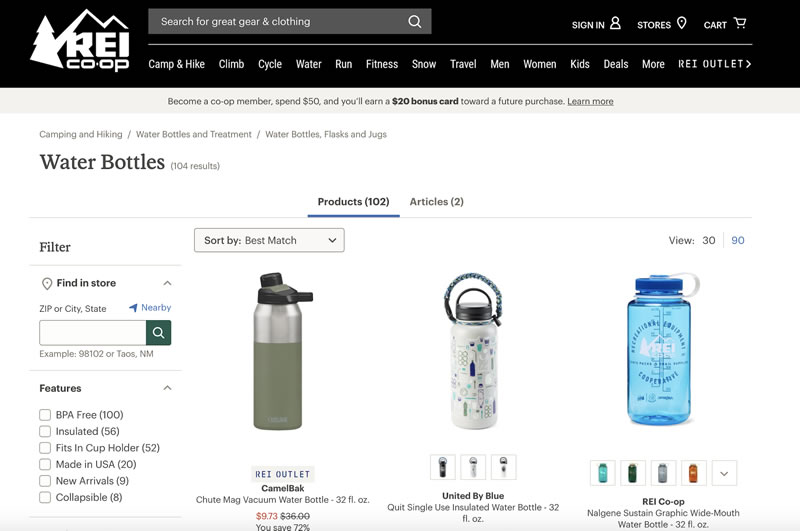 A screenshot of REI&rsquo;s product page for water bottles, where the reader can choose from a selection of water bottles.