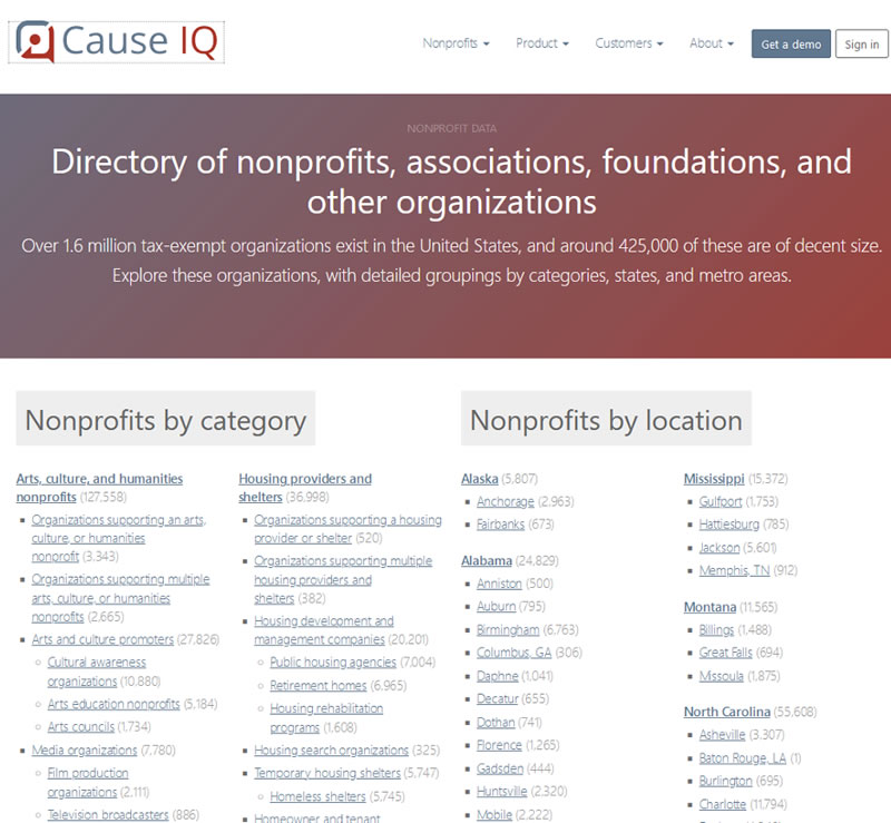 Screen shot of CauseIQ&rsquo;s nonprofit directory