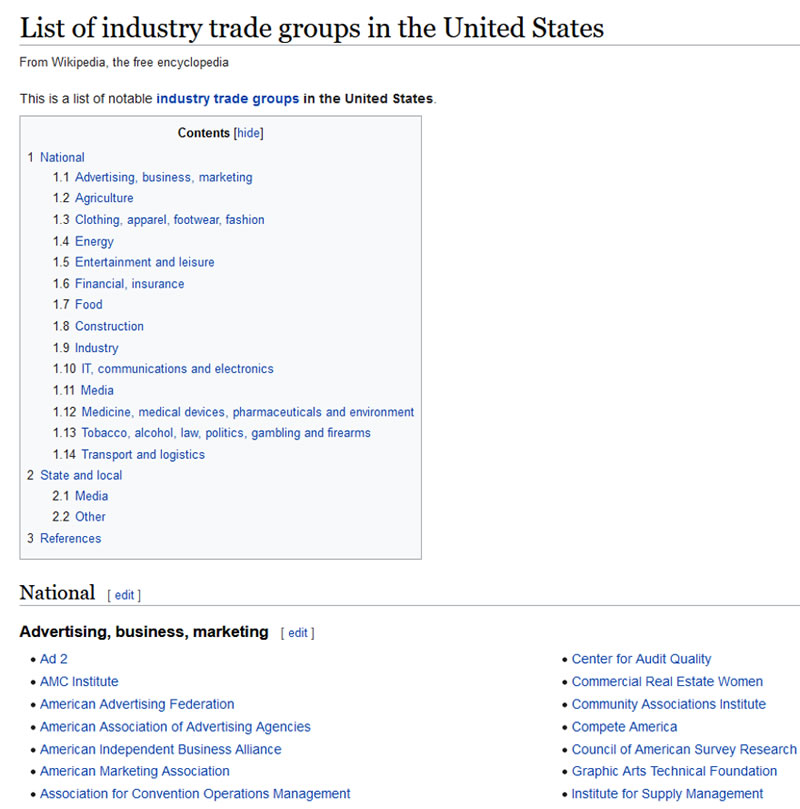 Screen shot of Wikipedia&rsquo;s industry trade groups page