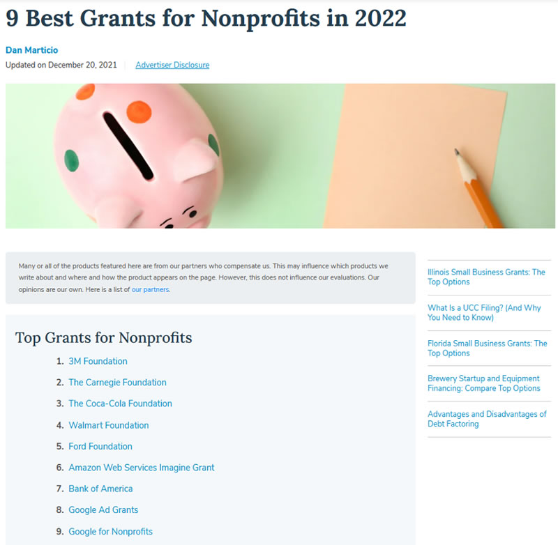 Screen shot of Fundera&rsquo;s list of 9 best grants for nonprofits