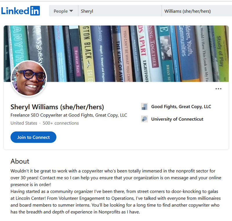 Screen shot of Sheryl Williams&rsquo;s LinkedIn profile